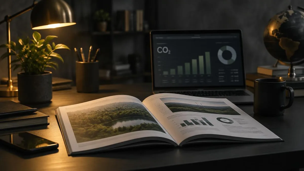 Symbolbild: Geschäftsbericht mit Nachhaltigkeitskapitel neben einem Laptop mit CO2-Auswertung