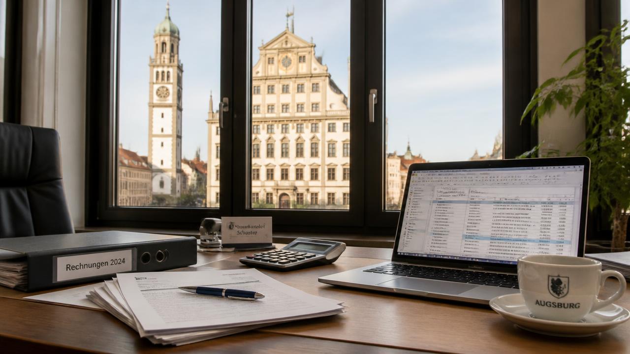 Buchhaltung Augsburg: Schreibtisch mit Eingangsrechnungen und Buchhaltungssoftware, im Fenster Rathaus und Perlachturm