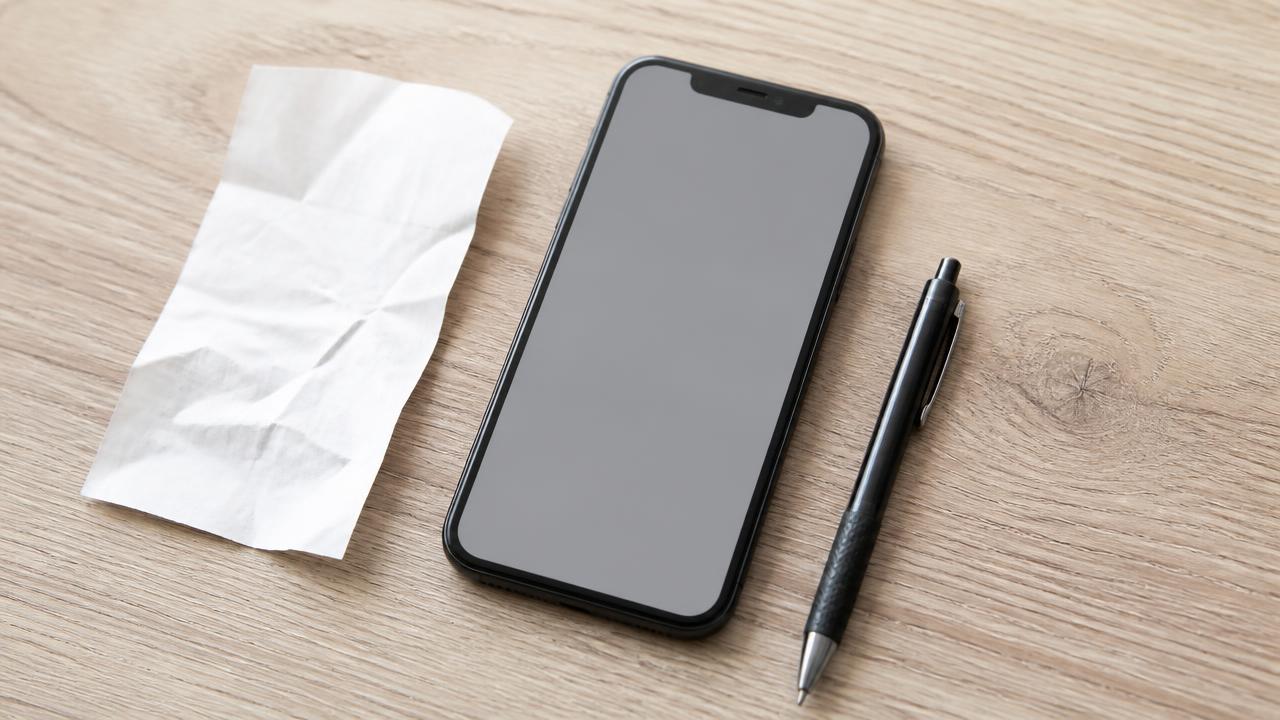 Smartphone und ein zerknitterter Kassenbon nebeneinander auf einem hellen Holztisch, daneben ein Kugelschreiber