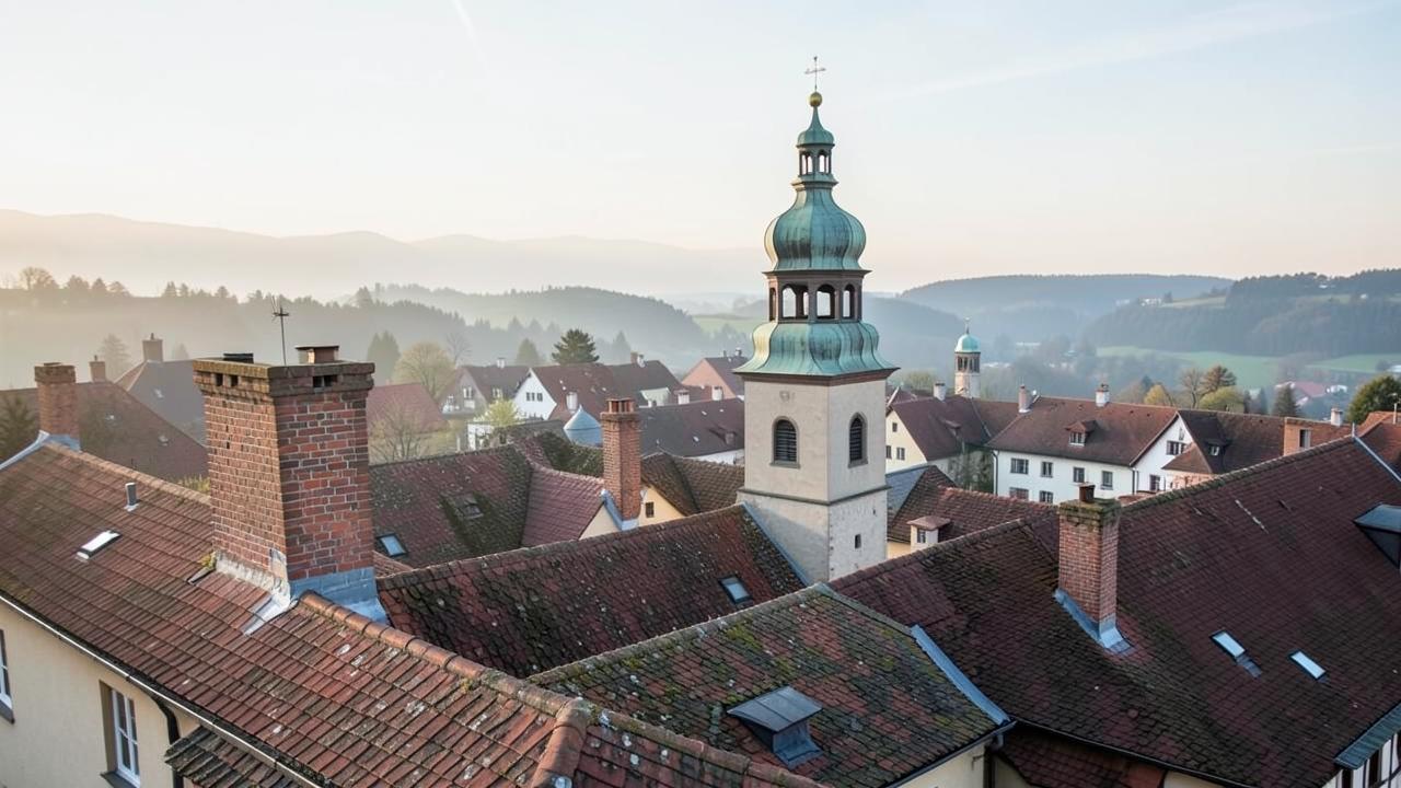 Buchhaltung Freising: Oberbayerische Altstadt mit Kirche und Ziegeldächern im Morgenlicht