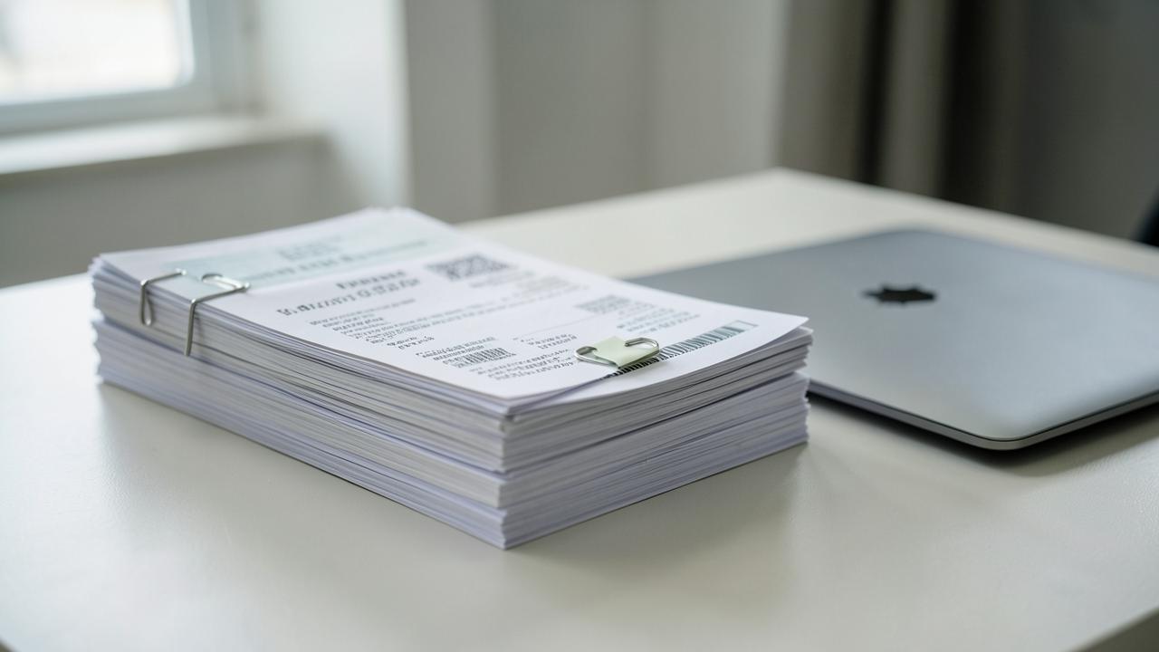 Buchhaltung Freising: Sortierter Stapel Rechnungen und Kontoauszüge auf dem Schreibtisch