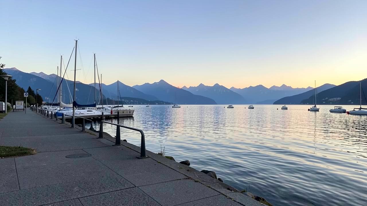 Buchhaltung Friedrichshafen: Bodenseeufer mit Booten und Alpenpanorama am Morgen