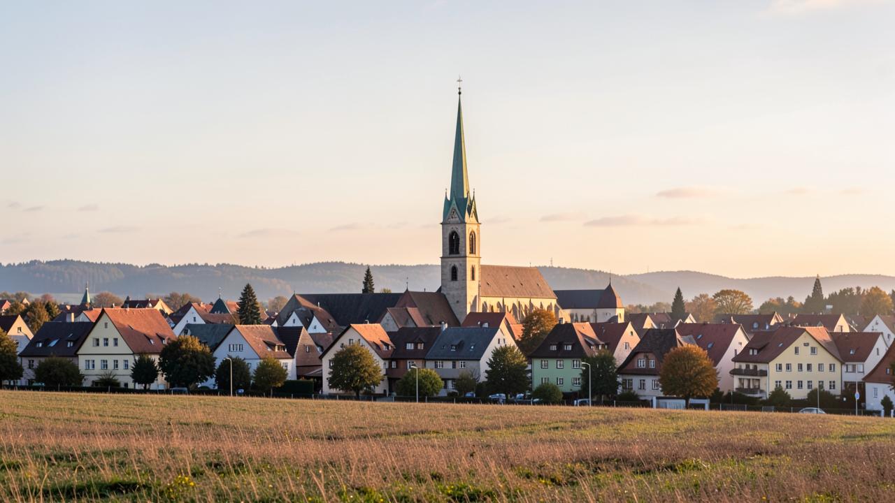 Buchhaltung Fürstenfeldbruck: Kleinstadt mit Kirchturm und Feldern im Nachmittagslicht