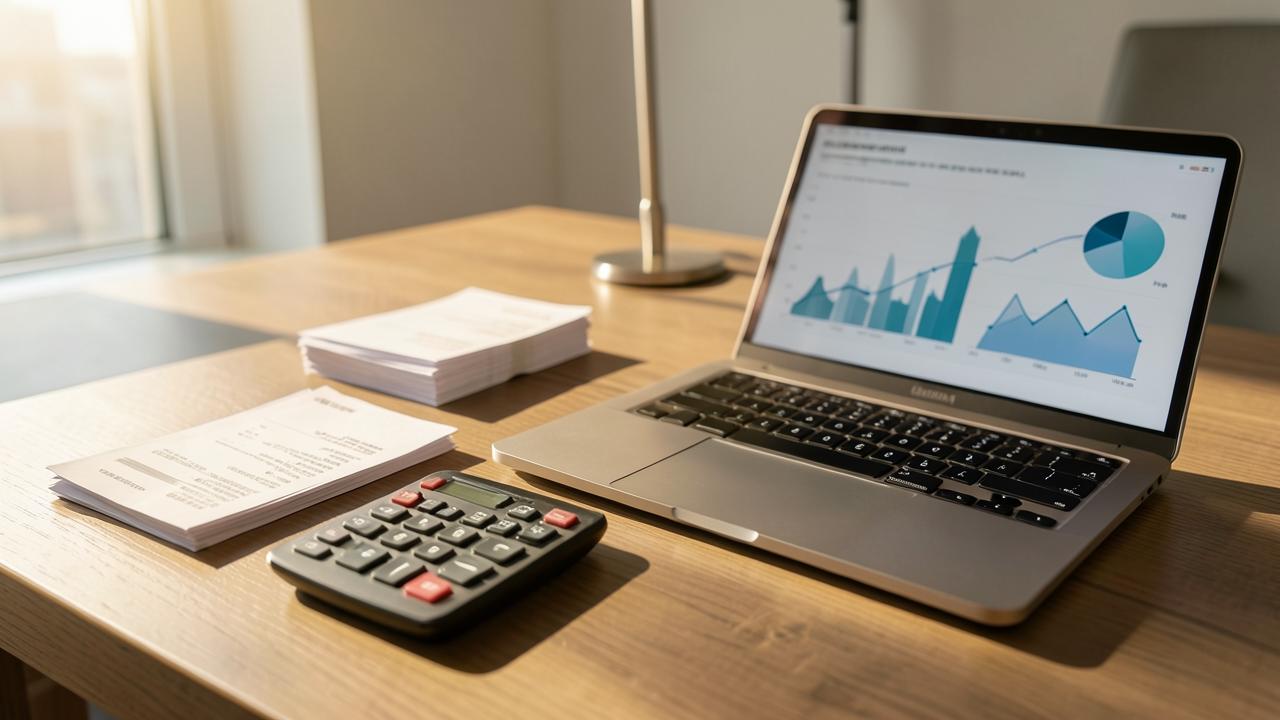Buchhaltung Füssen: Schreibtisch mit sortierten Belegen, Taschenrechner und Laptop