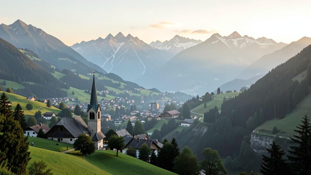 Buchhaltung Füssen: Allgäuer Berglandschaft mit Kirche und Ortschaft im Morgenlicht