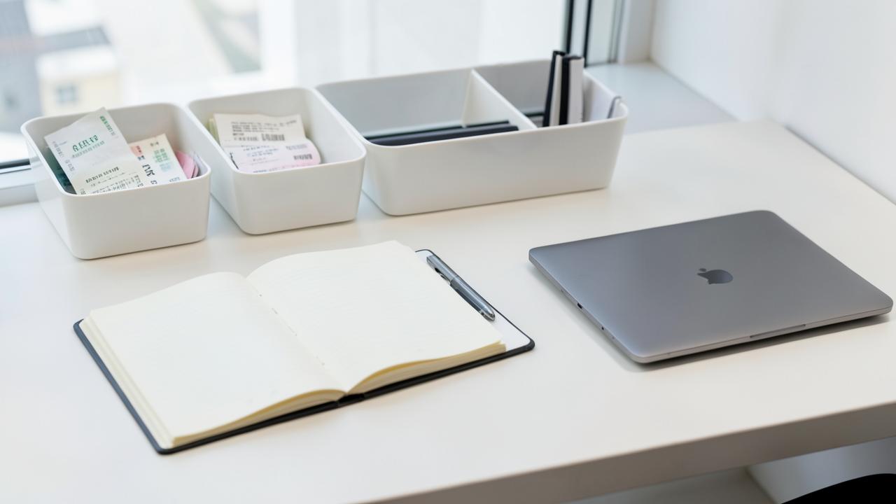 Buchhaltung Germering: Aufgeräumter Schreibtisch mit Belegboxen, Notizbuch und Laptop