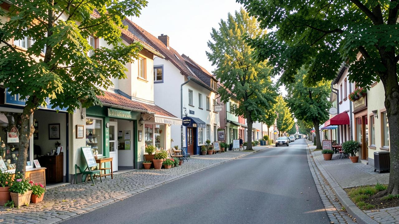 Buchhaltung Germering: Ruhige Geschäftsstraße mit Bäumen am Morgen