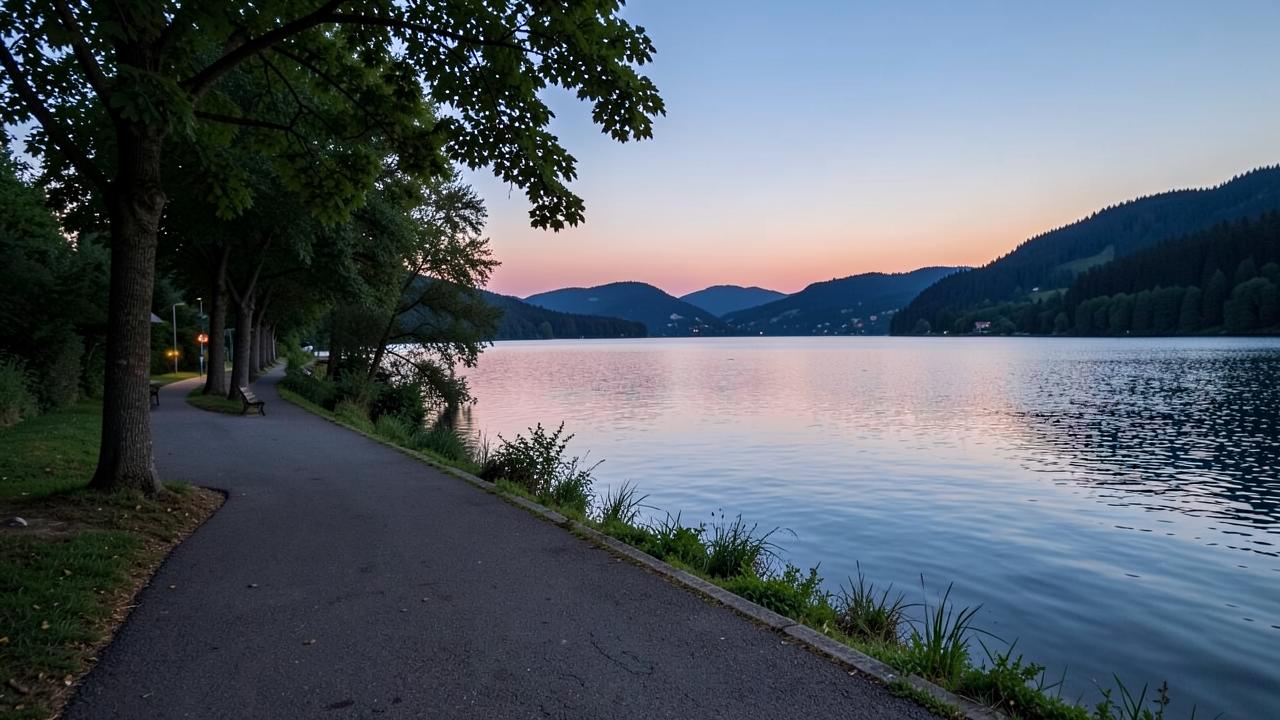 Buchhaltung Herrsching: Seepromenade mit Bäumen am Uferweg in der Abenddämmerung