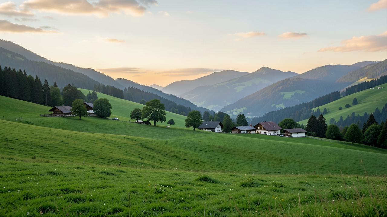 Buchhaltung Kaufbeuren: Allgäuer Voralpenlandschaft mit Bauernhöfen und Wiesen