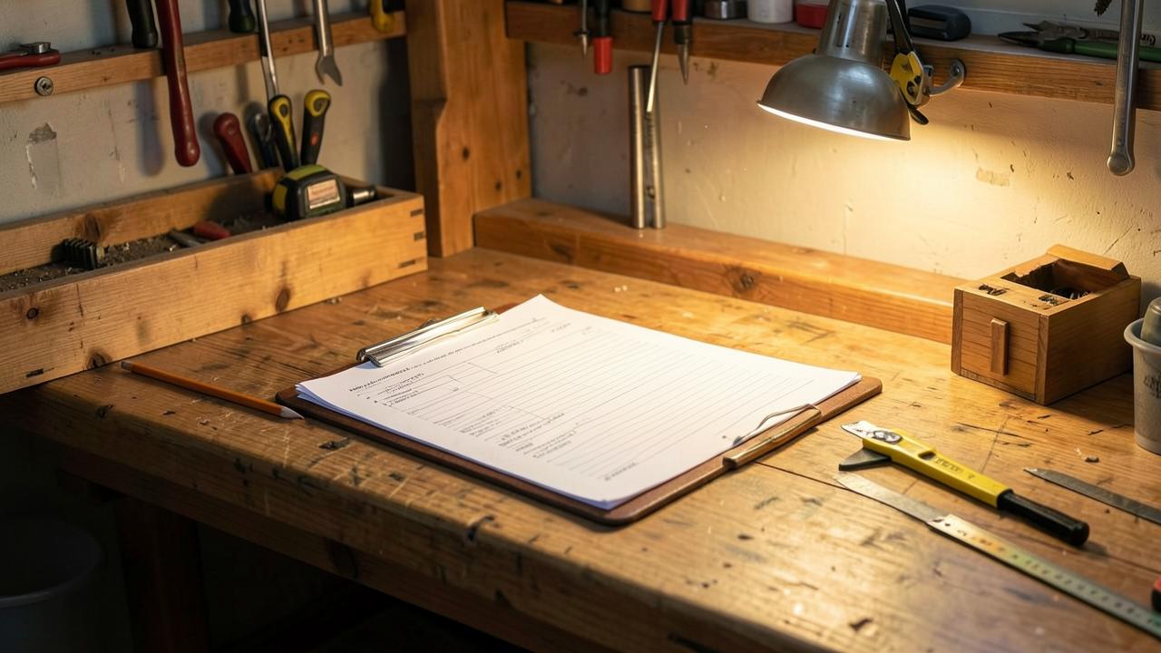 Buchhaltung Kaufbeuren: Werkbank mit Klemmbrett, Werkzeug und Belegbox