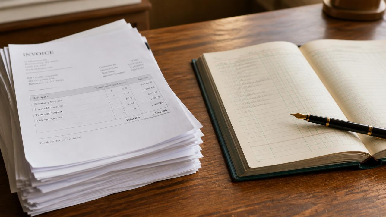 Buchhaltung Kempten: Stapel Eingangsrechnungen neben einem aufgeschlagenen Journal auf einem Schreibtisch
