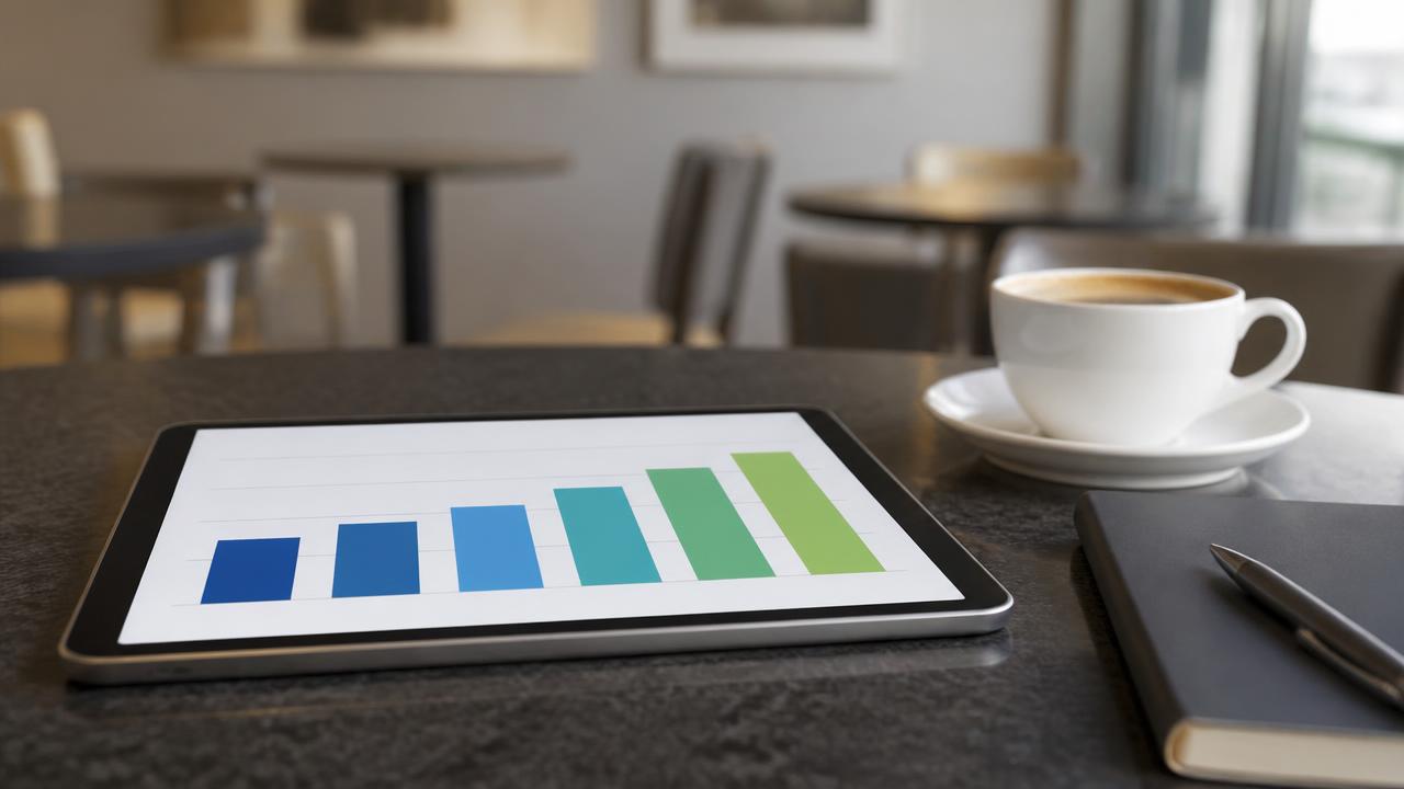 Digitale Buchhaltung: Tablet mit einfachem Balkendiagramm auf einem Tisch neben Kaffeetasse und Notizbuch