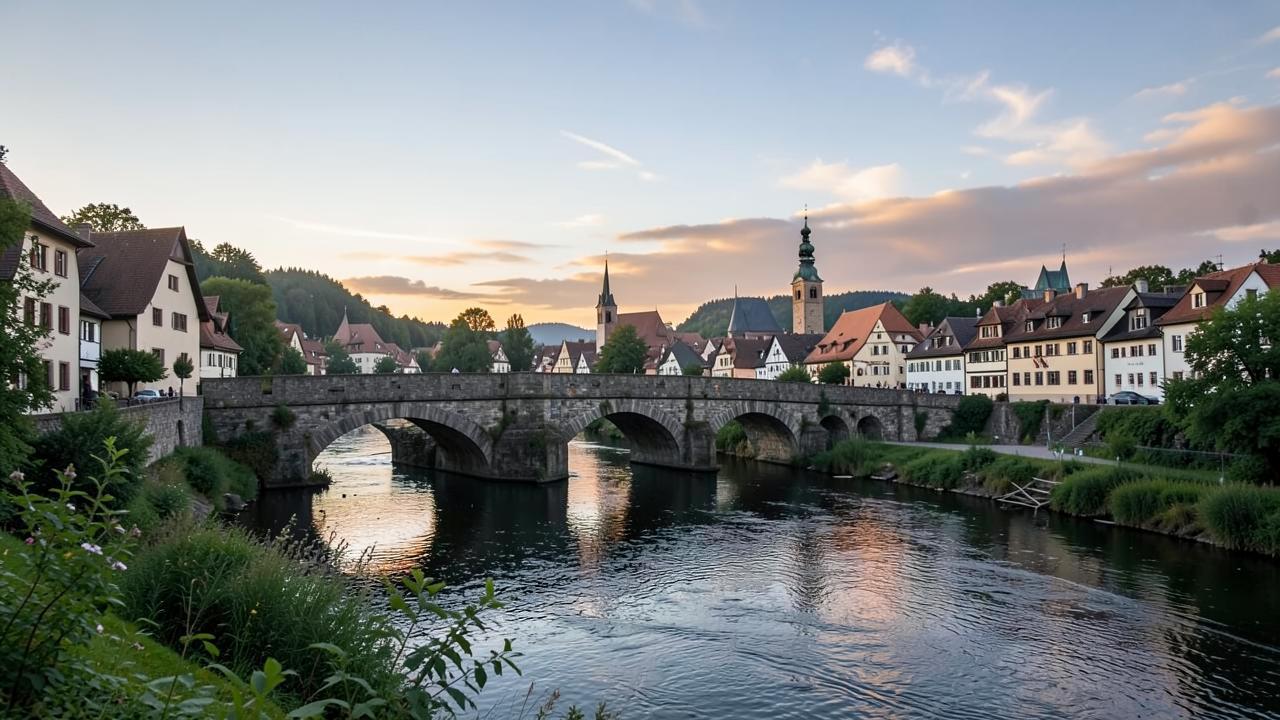 Buchhaltung Landsberg am Lech: Historische Brücke über den Fluss in der Altstadt am Abend