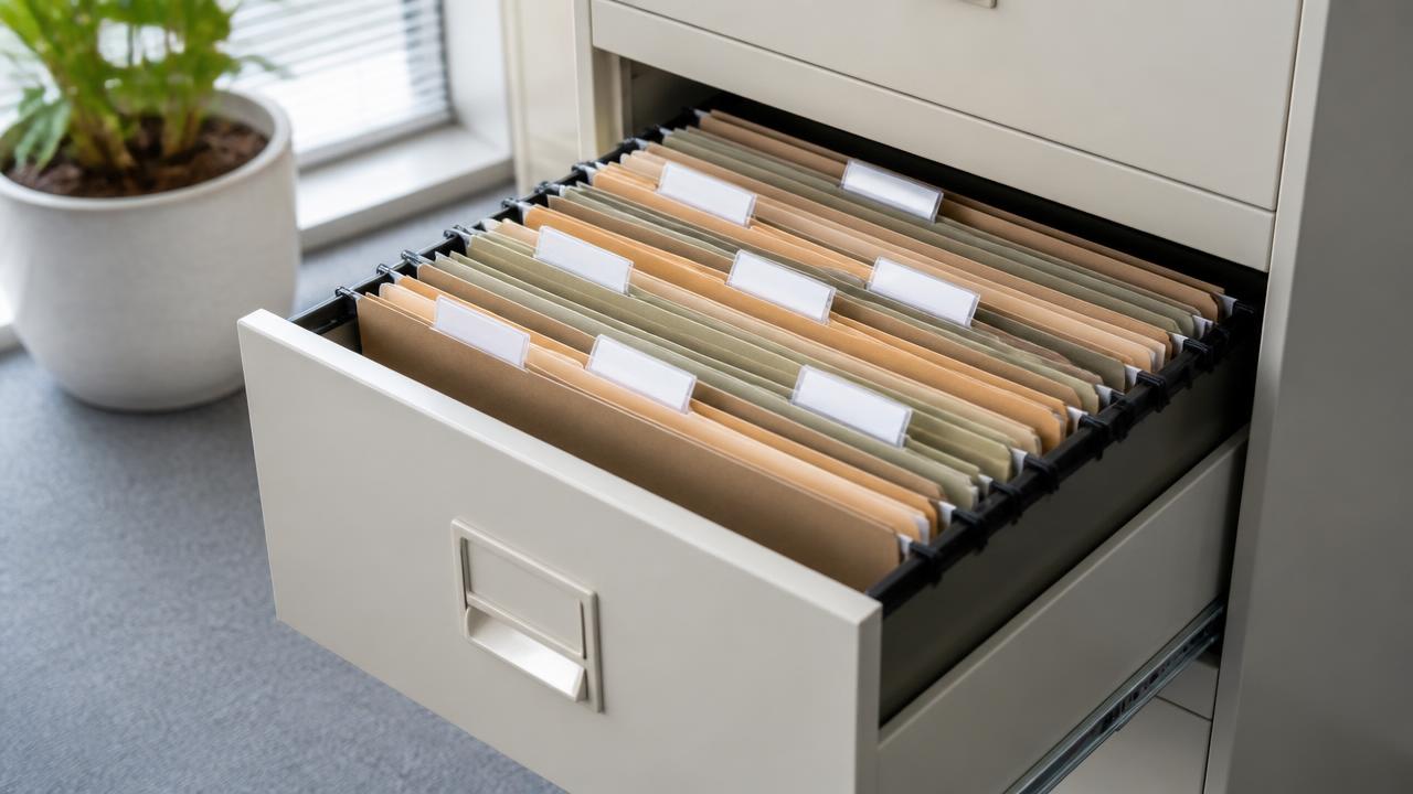 Buchhaltung Memmingen: geöffnete Hängeregistratur mit sortierten Mappen für Belege und Verträge