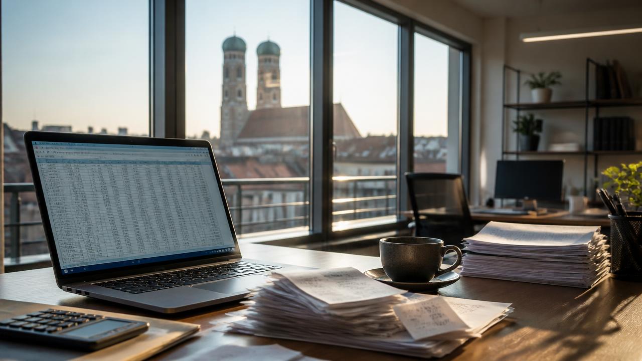 Buchhaltung München: Arbeitsplatz mit Belegen und Buchhaltungssoftware, im Hintergrund die Türme der Münchner Frauenkirche