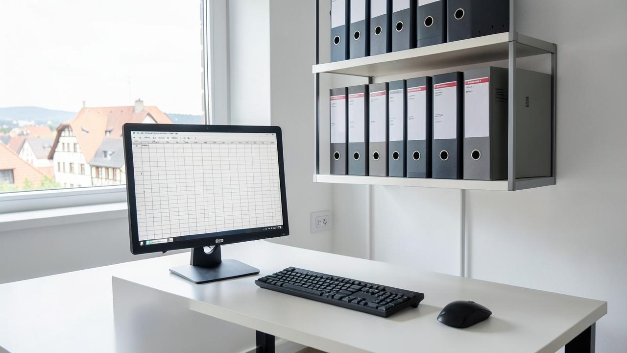 Buchhaltung Neu-Ulm: Arbeitsplatz mit Ordnern und digitalem Kontenblatt