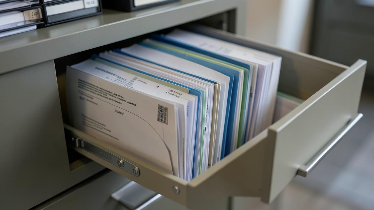 Buchhaltung Neu-Ulm: Hängeregister mit sortierten Belegmappen im Aktenschrank