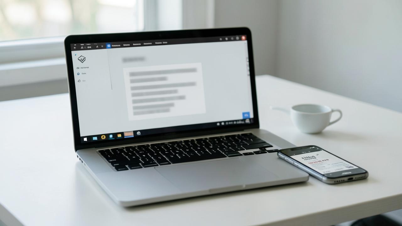 Laptop mit geöffneter Belegerfassung und Smartphone auf einem hellen Schreibtisch