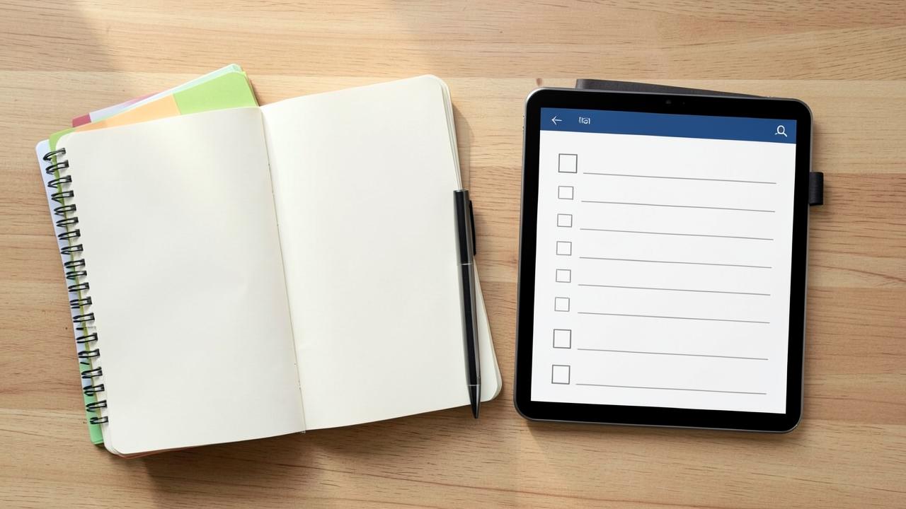 Aufgeschlagenes Notizbuch mit Stift neben einem Tablet mit leerer Checkliste