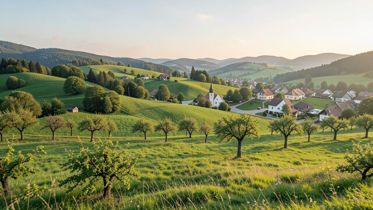 Buchhaltung Ravensburg: Oberschwäbische Landschaft mit Obstwiesen und Dorf im Morgenlicht