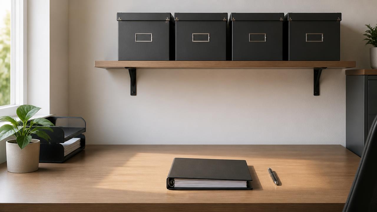 Belegarchiv: beschriftungsfreie Archivboxen im Regal und Ordner mit Stift auf einem Schreibtisch
