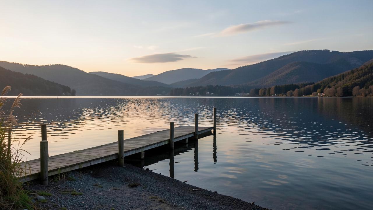Buchhaltung Starnberg: Seeufer mit Holzsteg und Hügeln im Abendlicht