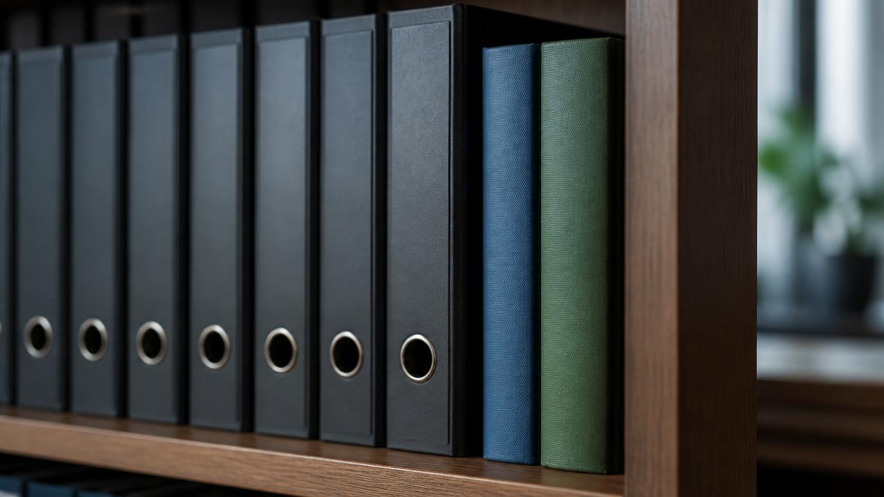 Digitale und physische Belegablage: Ordnerreihe und Bücher im Regal eines Büros