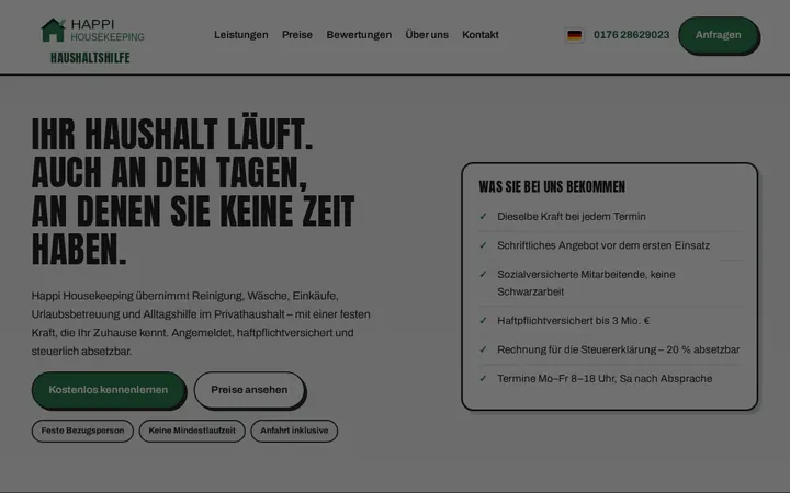 Screenshot der Website Happi Housekeeping