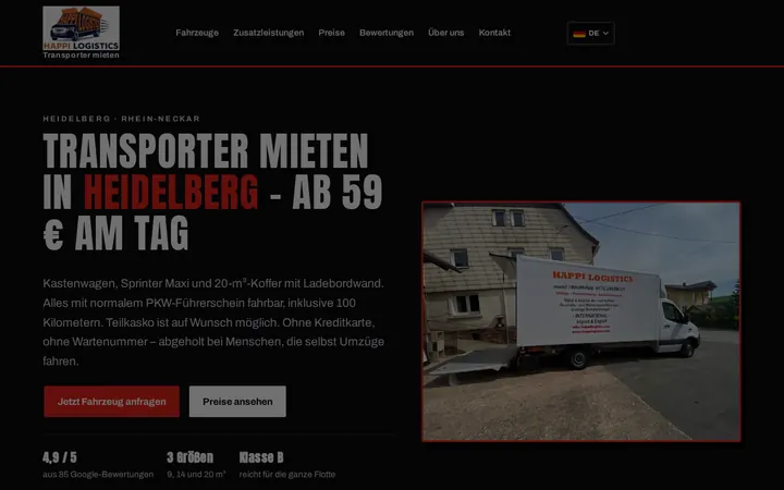 Screenshot der Website Happi Logistics Rental